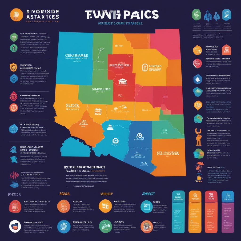 A detailed and visually appealing infographic showcasing various financial assistance options available in Riverside County, with icons representing taxes, relief programs, and financial support. Include a vibrant map of Riverside County as a backdrop, highlighting key assistance locations. Integrate cheerful, diverse individuals receiving help, symbolizing community support. Incorporate a modern, clean layout with bold colors and clear typography. vector art. vibrant colors.