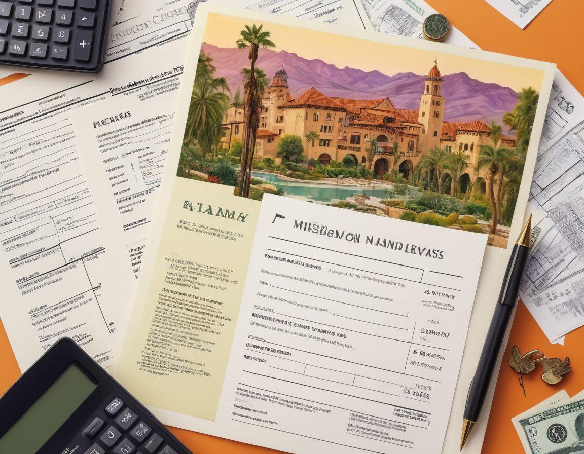 An intricate flat lay of various tax documents, calculators, and a pen, surrounded by iconic Riverside County landmarks like the Mission Inn and Mount Rubidioux. The background features a subtle overlay of dollar signs and tax forms, symbolizing tax compliance. Bright and engaging color palette to attract viewers' attention. vector art. vibrant colors. clean background.