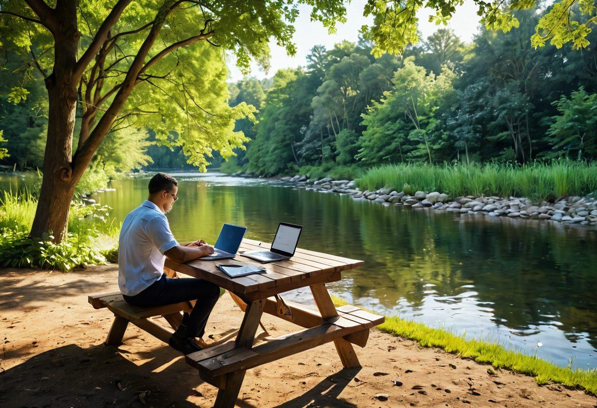 A serene riverside scene with a professional tax consultant sitting at a picnic table, laptop open, surrounded by informative tax documents and tools. The backdrop features flowing water and lush greenery, symbolizing clarity and assistance. Include a warm sunlight filtering through trees, creating an inviting atmosphere. super-realistic. vibrant colors. nature-inspired.